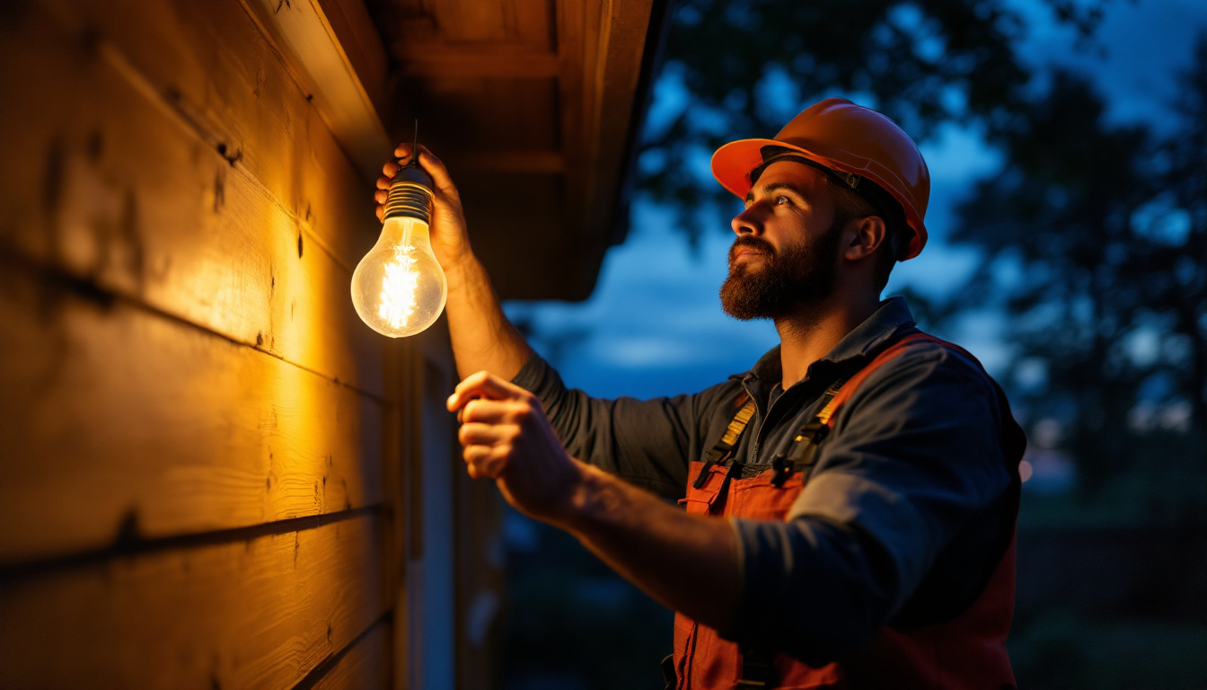 A photograph of a lighting contractor installing a solar edison light bulb in an outdoor setting
