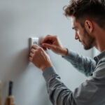 A photograph of a lighting contractor efficiently installing wall outlet coverings in a modern home setting