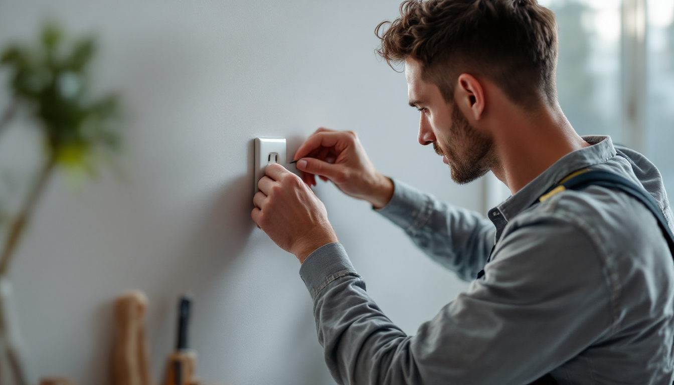 A photograph of a lighting contractor efficiently installing wall outlet coverings in a modern home setting