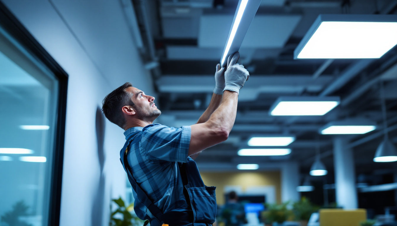 A photograph of a lighting contractor installing flat panel led lights in a modern workspace
