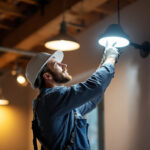 A photograph of a lighting contractor installing led light fixtures in a modern space