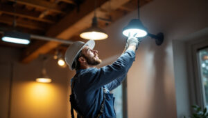 A photograph of a lighting contractor installing led light fixtures in a modern space