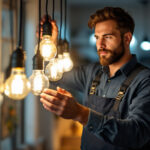 A photograph of a lighting contractor expertly installing a variety of bright