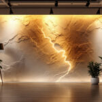 A photograph of a well-lit interior featuring a striking lit wall installation