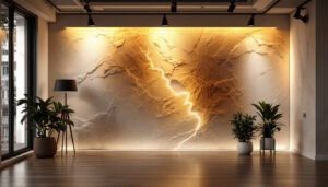 A photograph of a well-lit interior featuring a striking lit wall installation