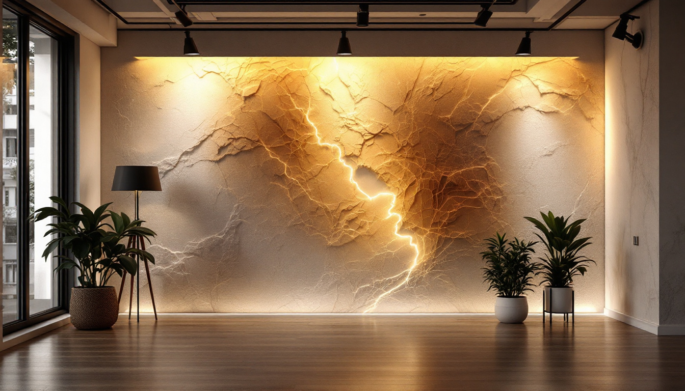 A photograph of a well-lit interior featuring a striking lit wall installation