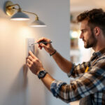 A photograph of a lighting contractor expertly installing a three-way light switch in a stylish home setting