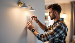 A photograph of a lighting contractor expertly installing a three-way light switch in a stylish home setting