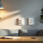A photograph of capture a photograph of a well-lit living room or workspace showcasing various electrical plug cover plates in use