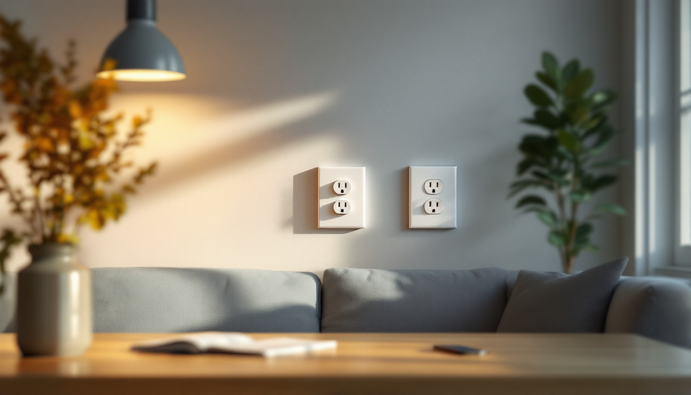 A photograph of capture a photograph of a well-lit living room or workspace showcasing various electrical plug cover plates in use
