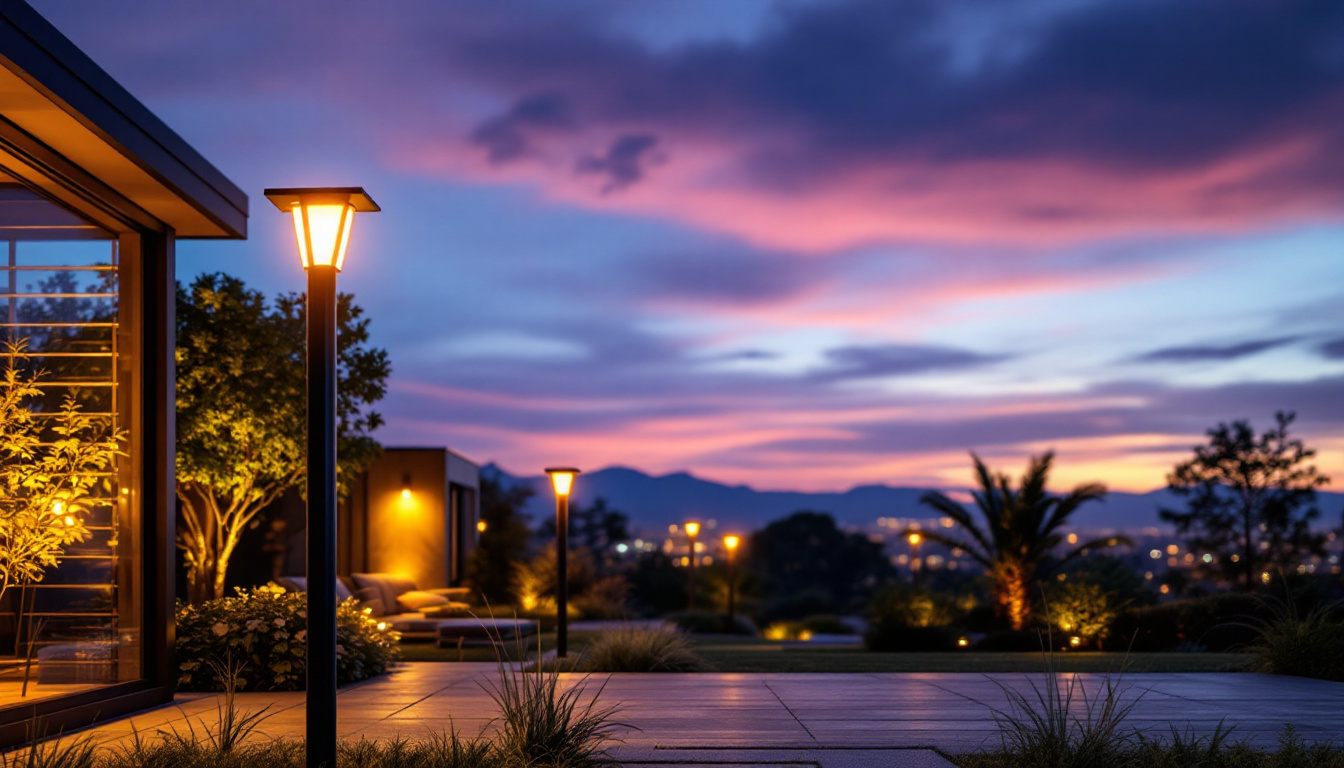 A photograph of a beautifully designed outdoor space illuminated by stylish solar panel lights at dusk