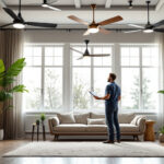 A photograph of a variety of ceiling fans in different sizes and styles displayed in a well-lit room