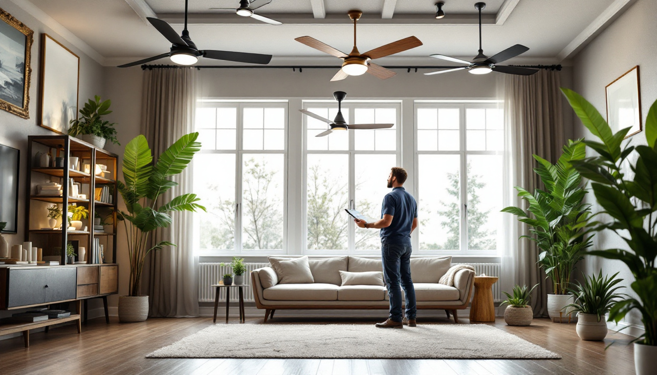 A photograph of a variety of ceiling fans in different sizes and styles displayed in a well-lit room