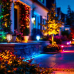 A photograph of a beautifully illuminated outdoor landscape featuring modern led landscaping lights