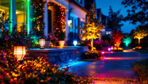 A photograph of a beautifully illuminated outdoor landscape featuring modern led landscaping lights