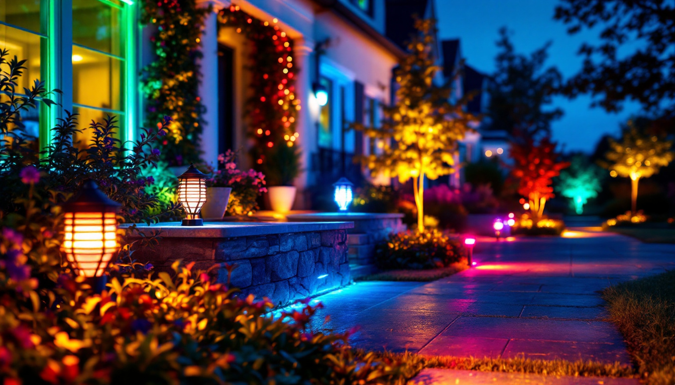 A photograph of a beautifully illuminated outdoor landscape featuring modern led landscaping lights