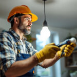 A photograph of a lighting contractor in action