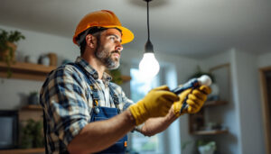 A photograph of a lighting contractor in action
