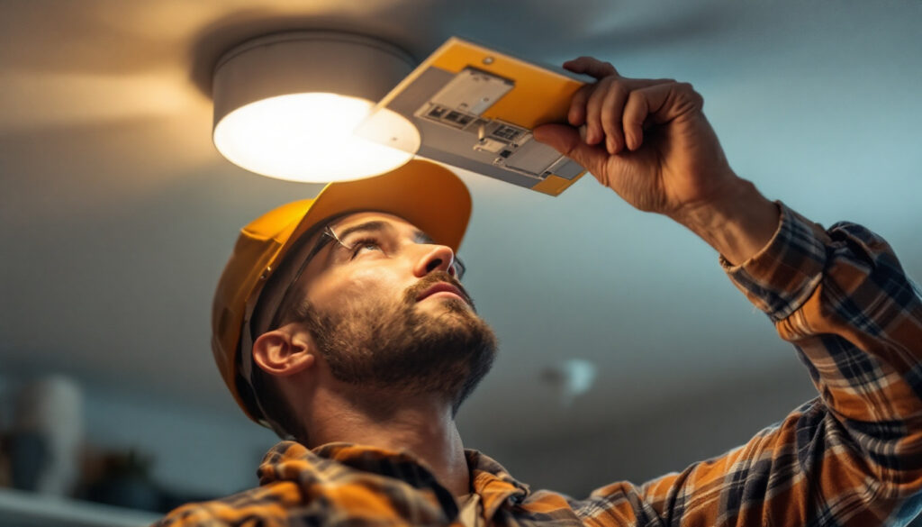 A photograph of a lighting contractor at work
