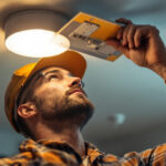 A photograph of a lighting contractor at work