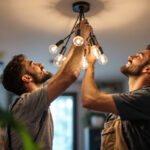 A photograph of a lighting contractor expertly installing a modern