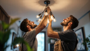 A photograph of a lighting contractor expertly installing a modern