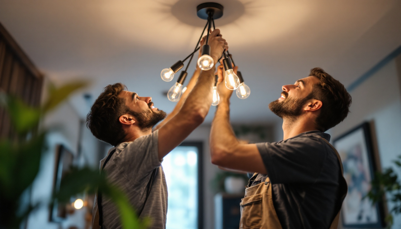 A photograph of a lighting contractor expertly installing a modern