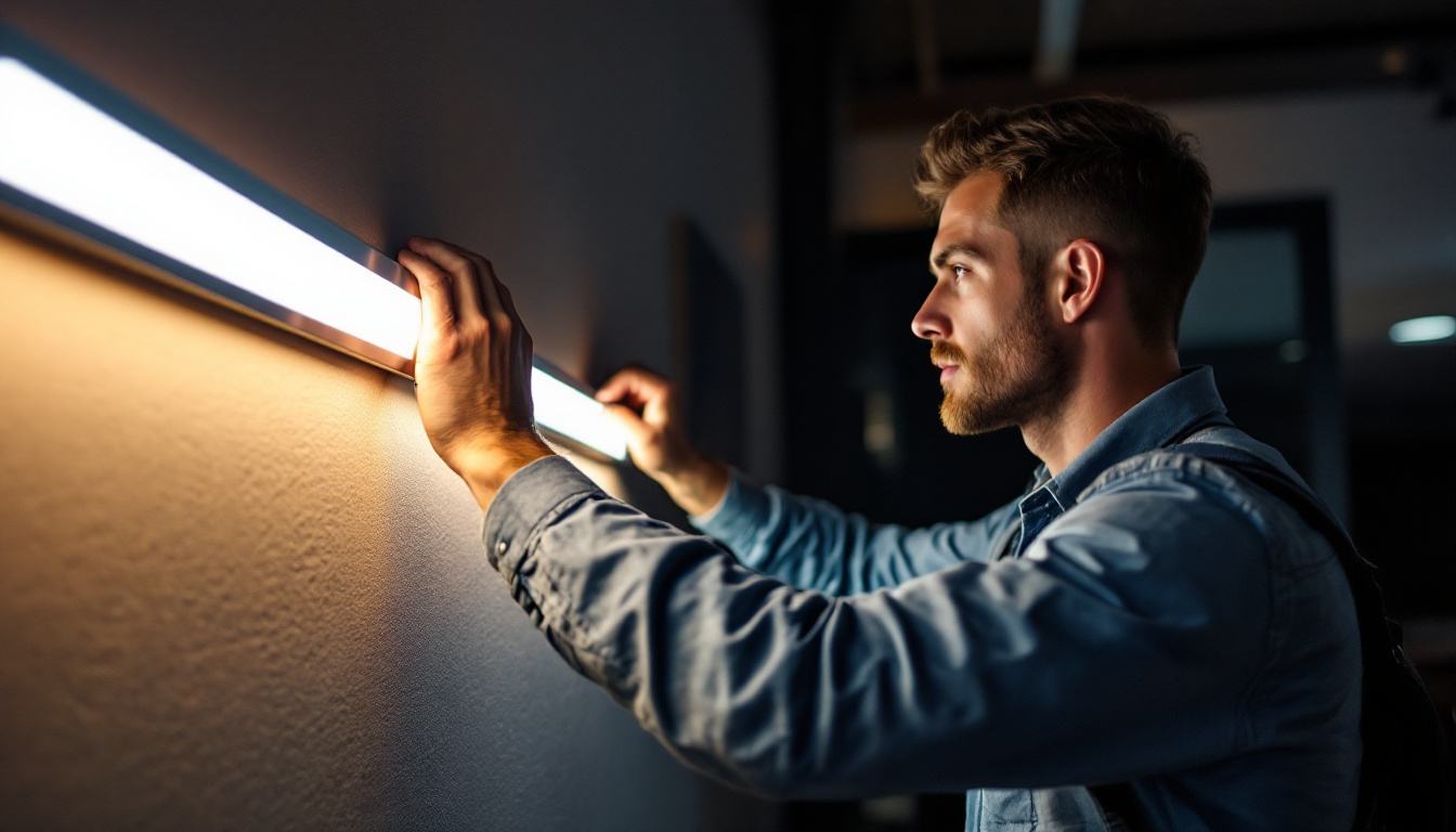 A photograph of a lighting contractor expertly installing or adjusting a wall strip light in a modern interior setting