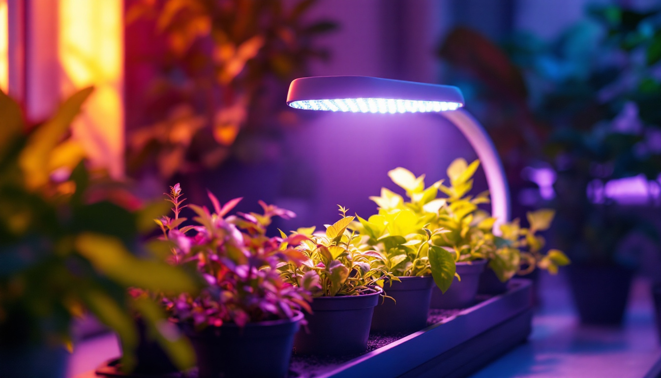A photograph of a well-lit indoor gardening setup featuring a hydrofarm grow light in action