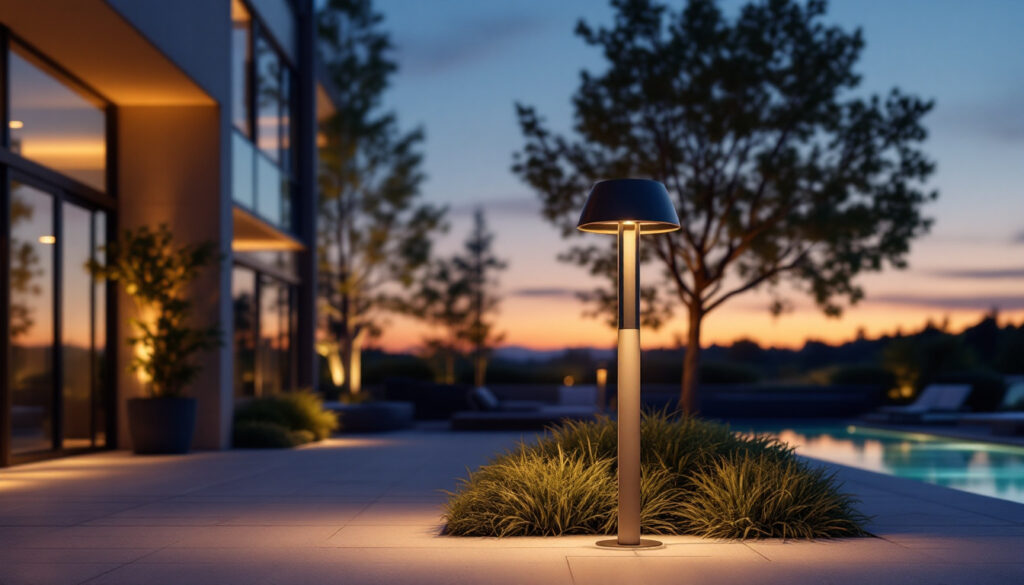 A photograph of a stylish lamp pole base integrated into an aesthetically pleasing outdoor lighting design