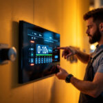 A photograph of a lighting contractor adjusting a 0-10v dimming control panel in a modern commercial space