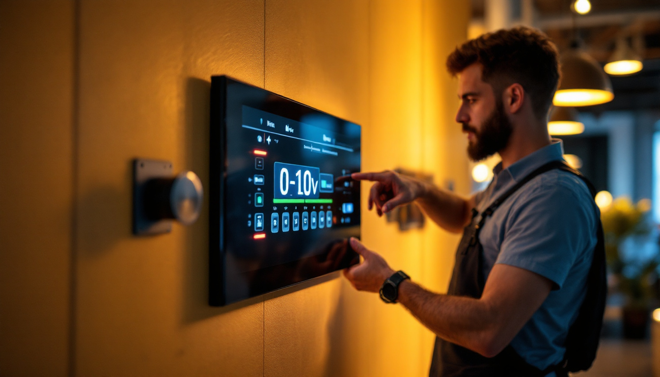 A photograph of a lighting contractor adjusting a 0-10v dimming control panel in a modern commercial space