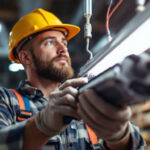 A photograph of a lighting contractor examining or installing a fluorescent ballast in a commercial setting