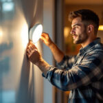 A photograph of a lighting contractor installing or adjusting a motion sensor light in a modern home setting
