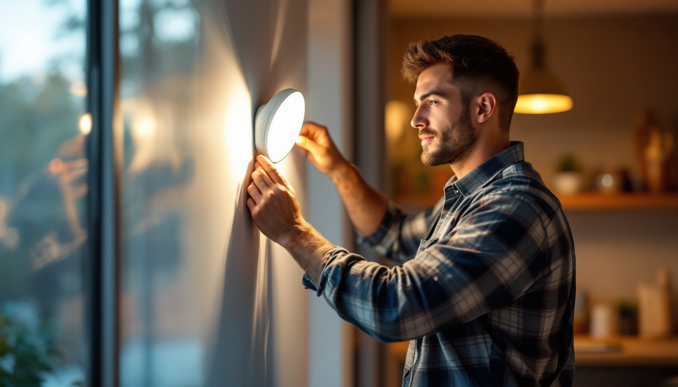 A photograph of a lighting contractor installing or adjusting a motion sensor light in a modern home setting