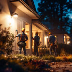 A photograph of a team of workers installing motion sensor flood lights outdoors in a residential or commercial setting