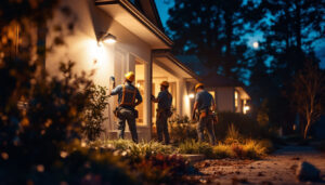 A photograph of a team of workers installing motion sensor flood lights outdoors in a residential or commercial setting