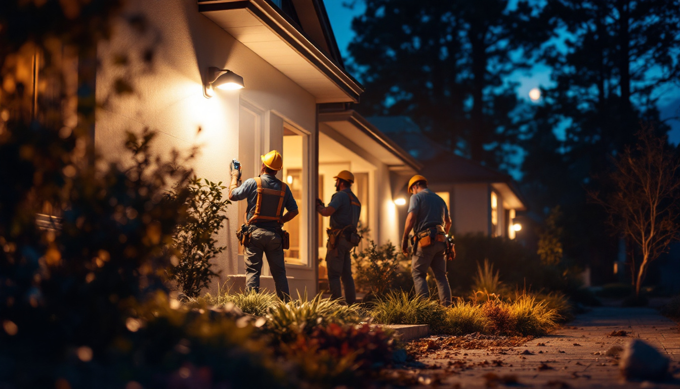 A photograph of a team of workers installing motion sensor flood lights outdoors in a residential or commercial setting