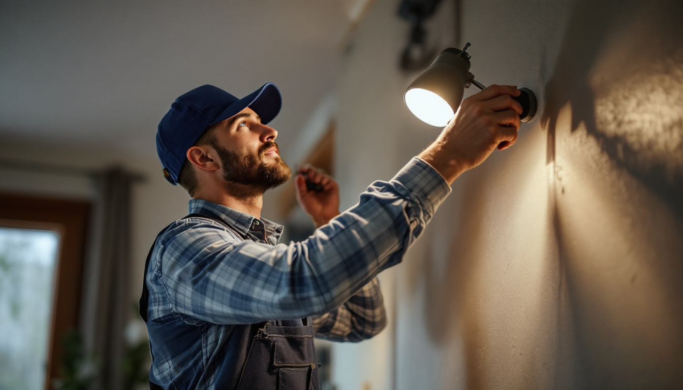 A photograph of a lighting contractor skillfully installing or adjusting motion spotlights in a residential or commercial setting