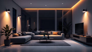 A photograph of a modern living space illuminated by sleek led pot lights