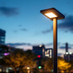 A photograph of a modern street light pole illuminated at dusk