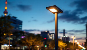 A photograph of a modern street light pole illuminated at dusk