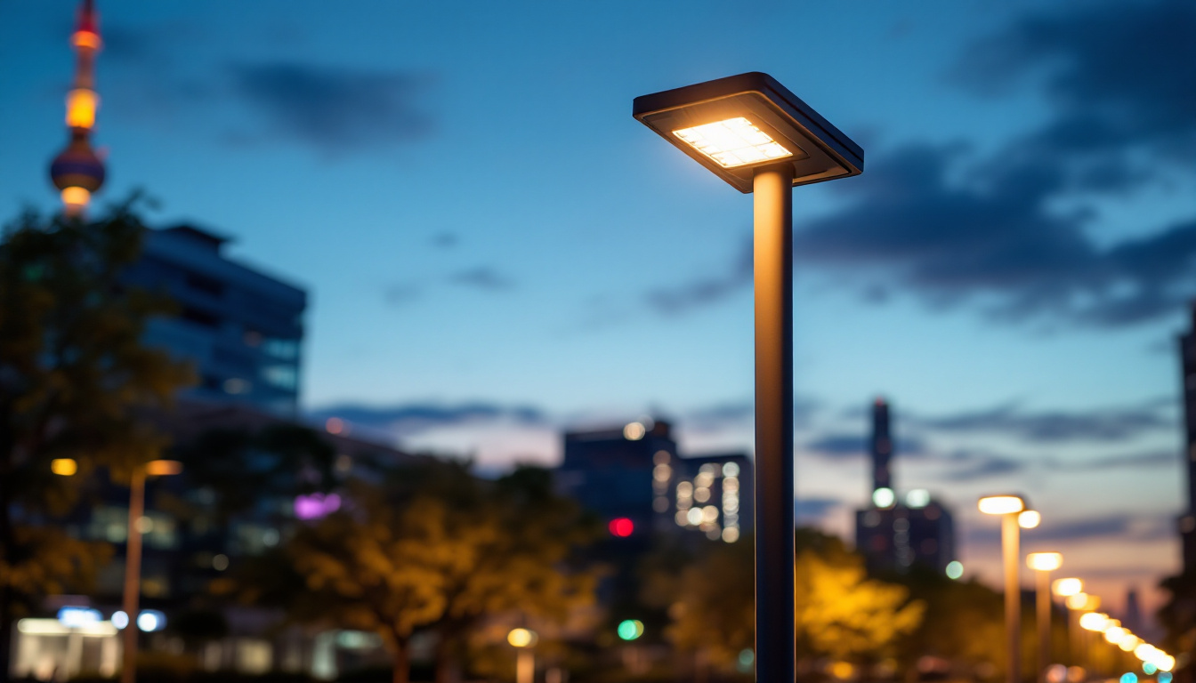 A photograph of a modern street light pole illuminated at dusk