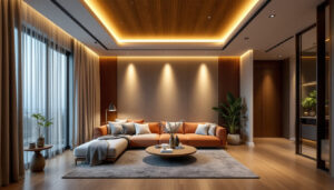 A photograph of a beautifully designed interior space featuring various styles of recessed lighting installations