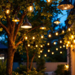 A photograph of a beautifully illuminated outdoor space featuring a variety of stylish overhead lighting fixtures