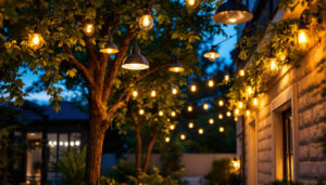 A photograph of a beautifully illuminated outdoor space featuring a variety of stylish overhead lighting fixtures