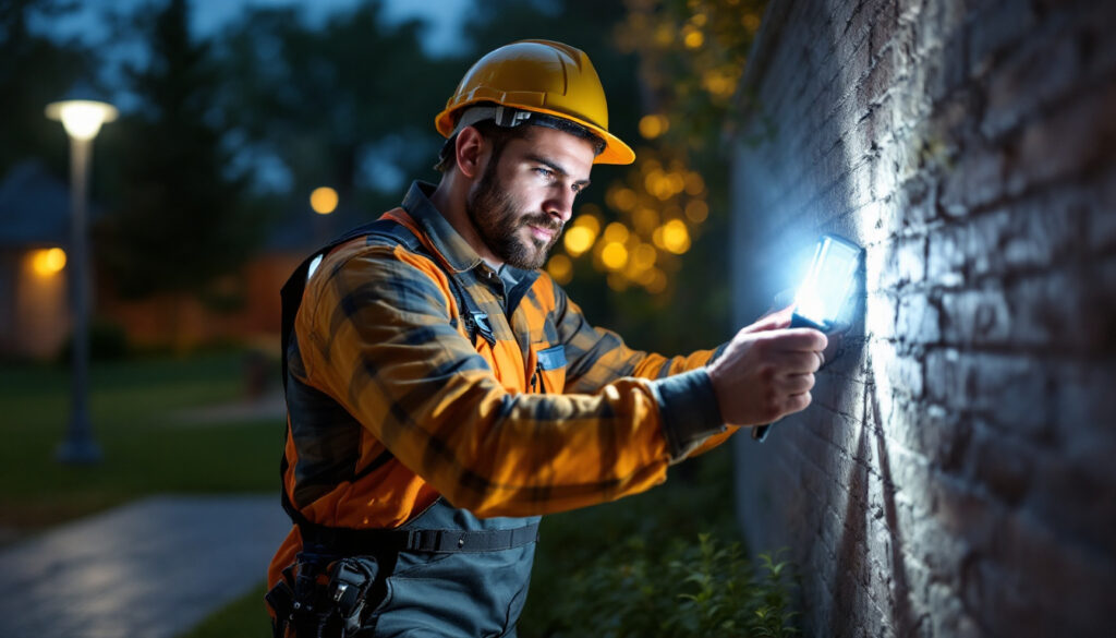 A photograph of a lighting contractor installing or showcasing rab led flood lights in an outdoor setting
