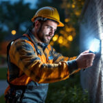 A photograph of a lighting contractor installing or showcasing rab led flood lights in an outdoor setting