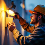 A photograph of a lighting contractor installing or adjusting a photo cell sensor on an outdoor lighting fixture