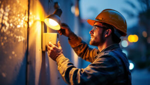 A photograph of a lighting contractor installing or adjusting a photo cell sensor on an outdoor lighting fixture
